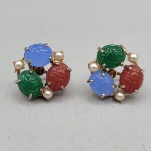 Vintage Carved Scarabs Gold Tone Screw Back Earrings Faux Pearls